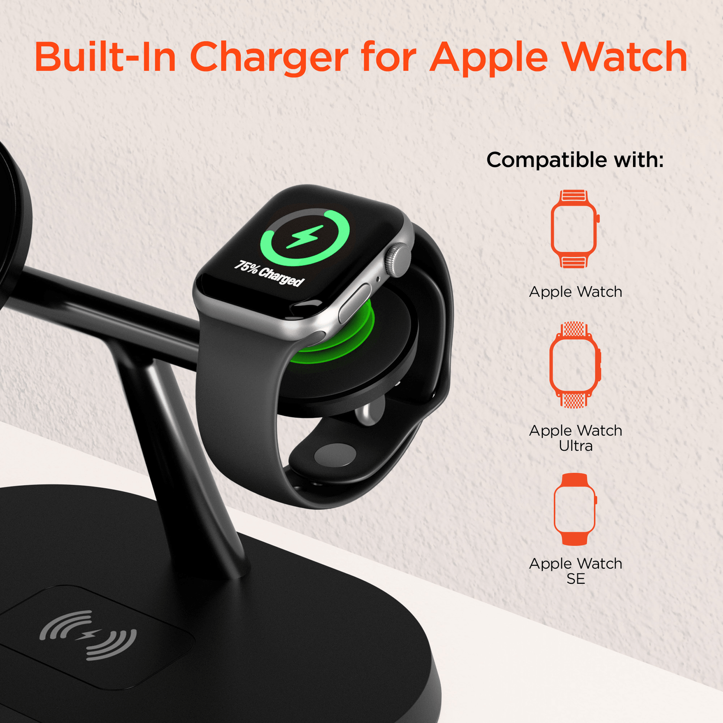 Station de charge 3-en-1 noire avec support Apple Watch et plateau AirPods