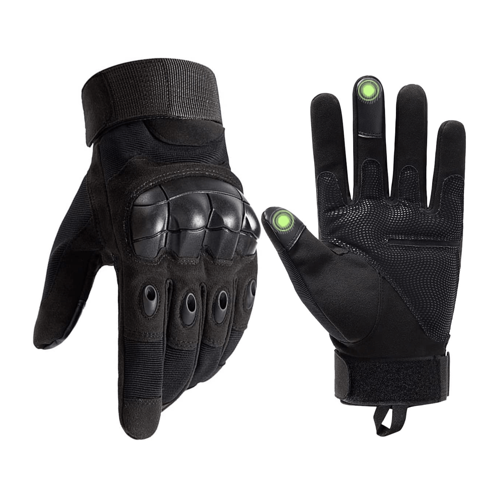 Paire de gants tactiques noirs avec coques sur les doigts et éléments réfléchissants