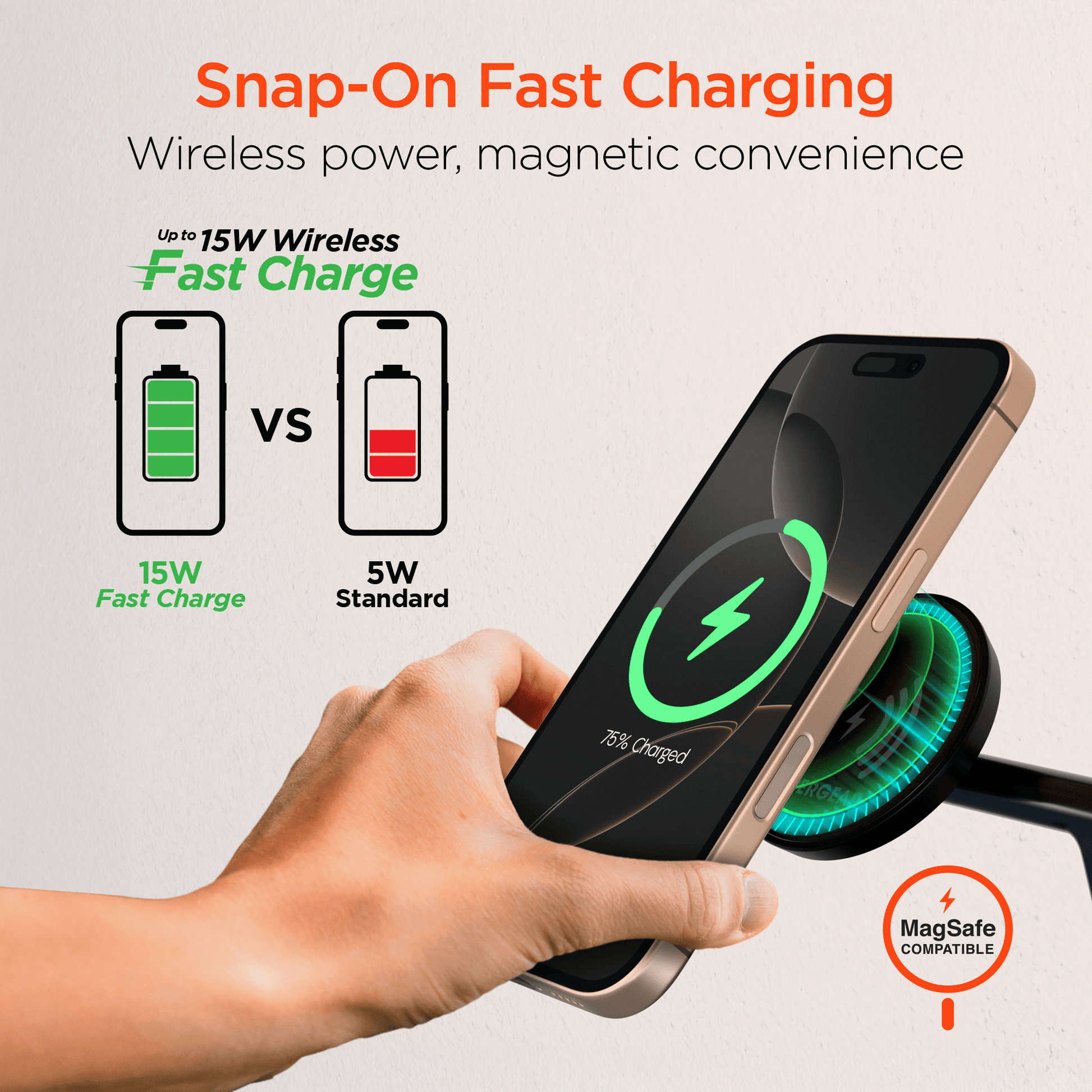 Station de charge 3-en-1 noire avec téléphone maintenu magnétiquement et bras support