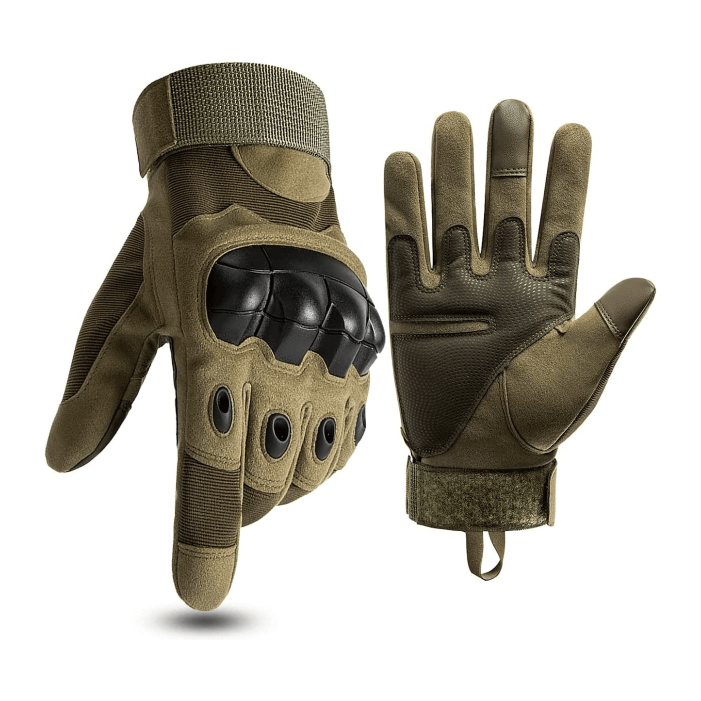 Paire de gants tactiques kaki à manchettes longues et protections de jointures noires