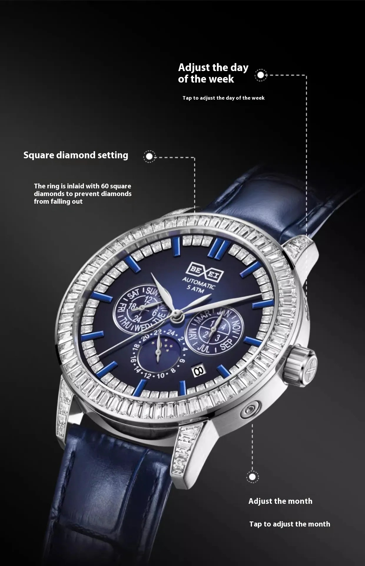 Montre à cadran bleu, lunette sertie et bracelet cuir bleu, couronne visible.