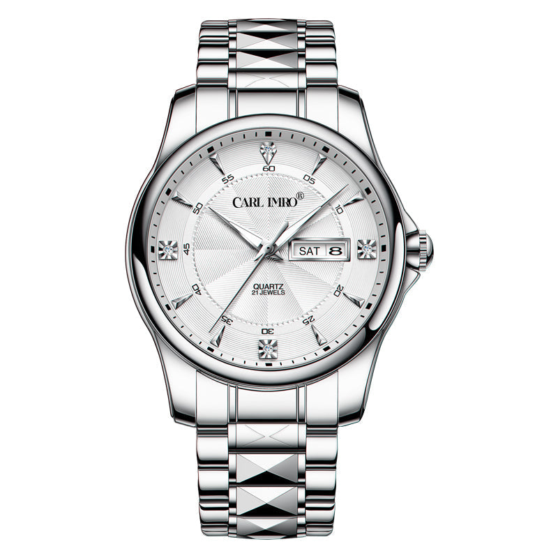 Montre-bracelet acier argenté, cadran blanc, affichage de la date à 3h