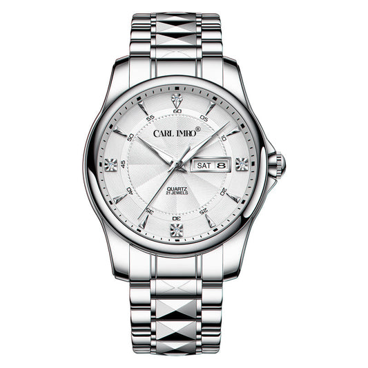 Montre-bracelet acier argenté, cadran blanc, affichage de la date à 3h