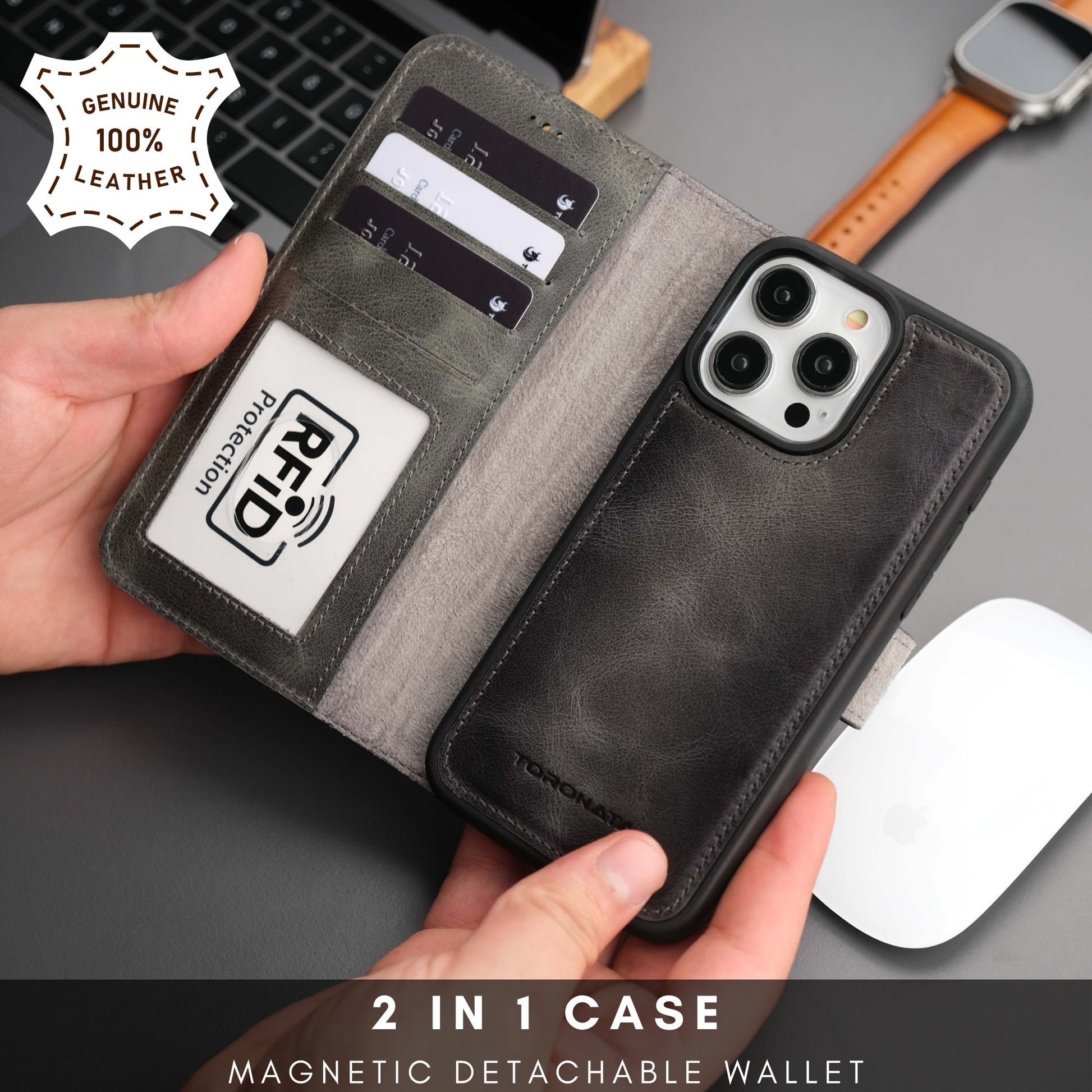 Coque portefeuille en cuir pour iPhone noir, fente RFID visible et rabat plié.