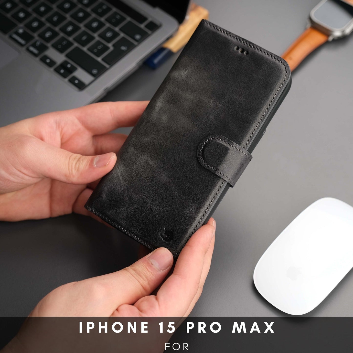 Coque portefeuille cuir noire pour iPhone, rabat avec boucle et protection caméra