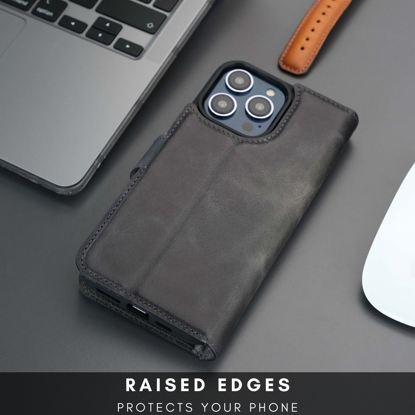 Coque portefeuille en cuir pour iPhone, rabat avec protection des bords, finition grise.