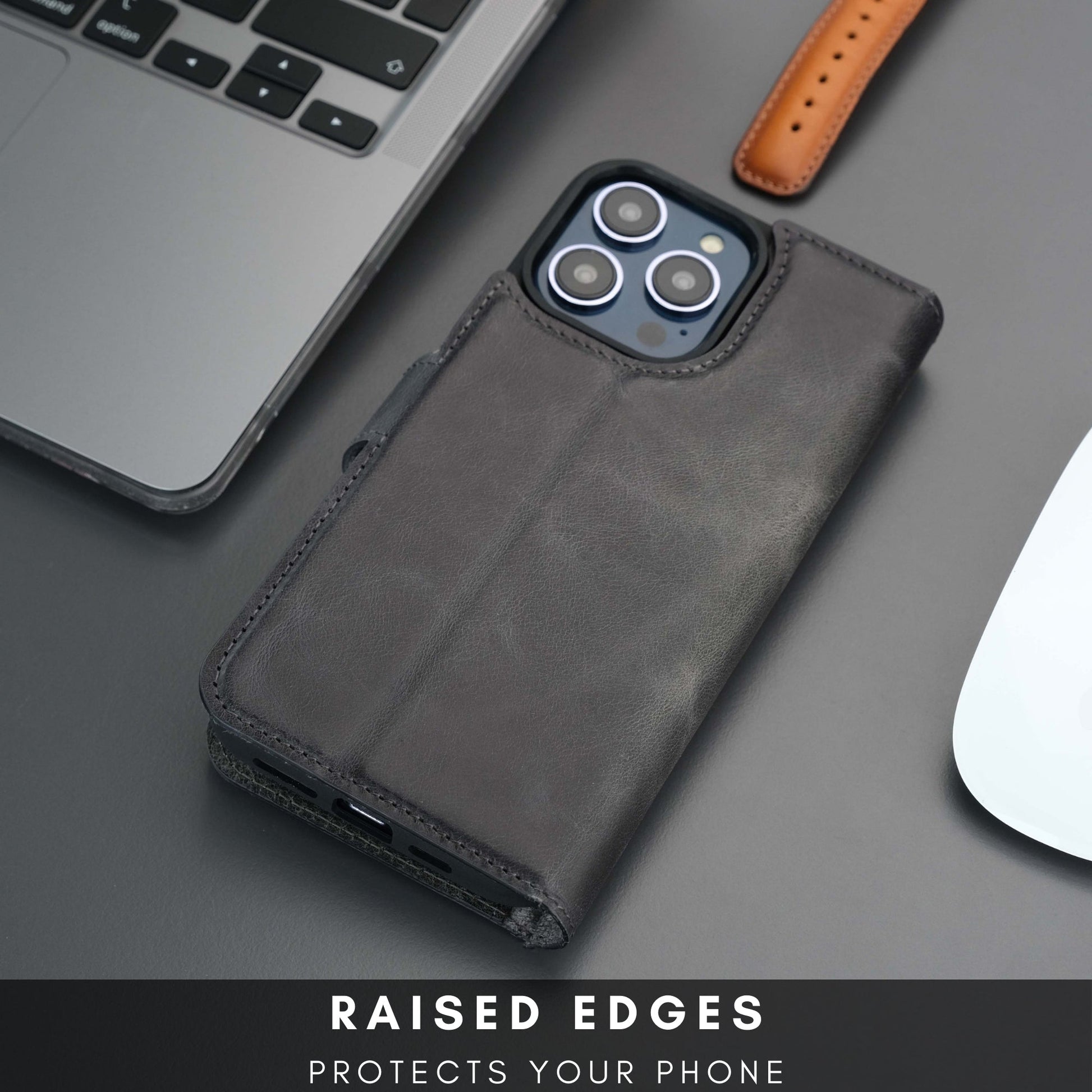 Coque portefeuille en cuir pour iPhone, rabat avec protection des bords, finition grise.