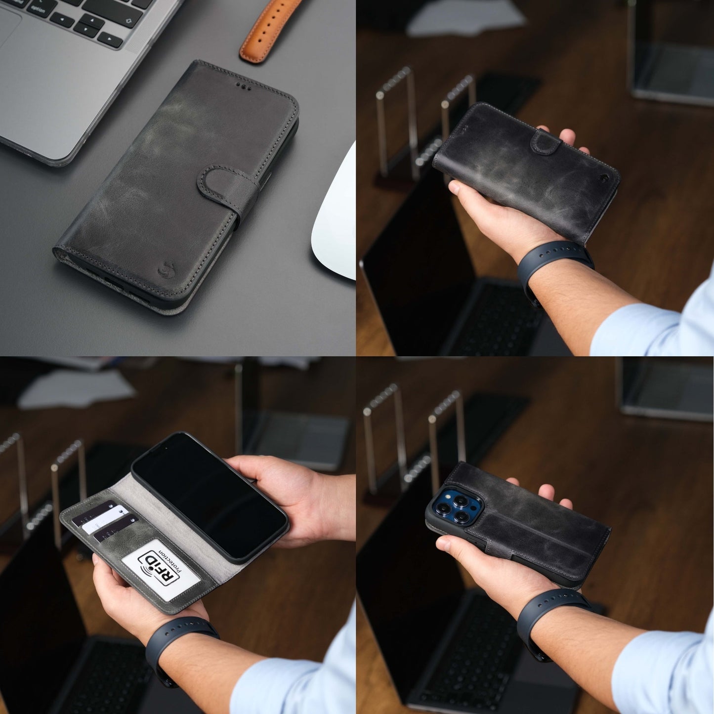 Coque portefeuille en cuir pour iPhone gris foncé, rabat fermé puis ouvert en support.