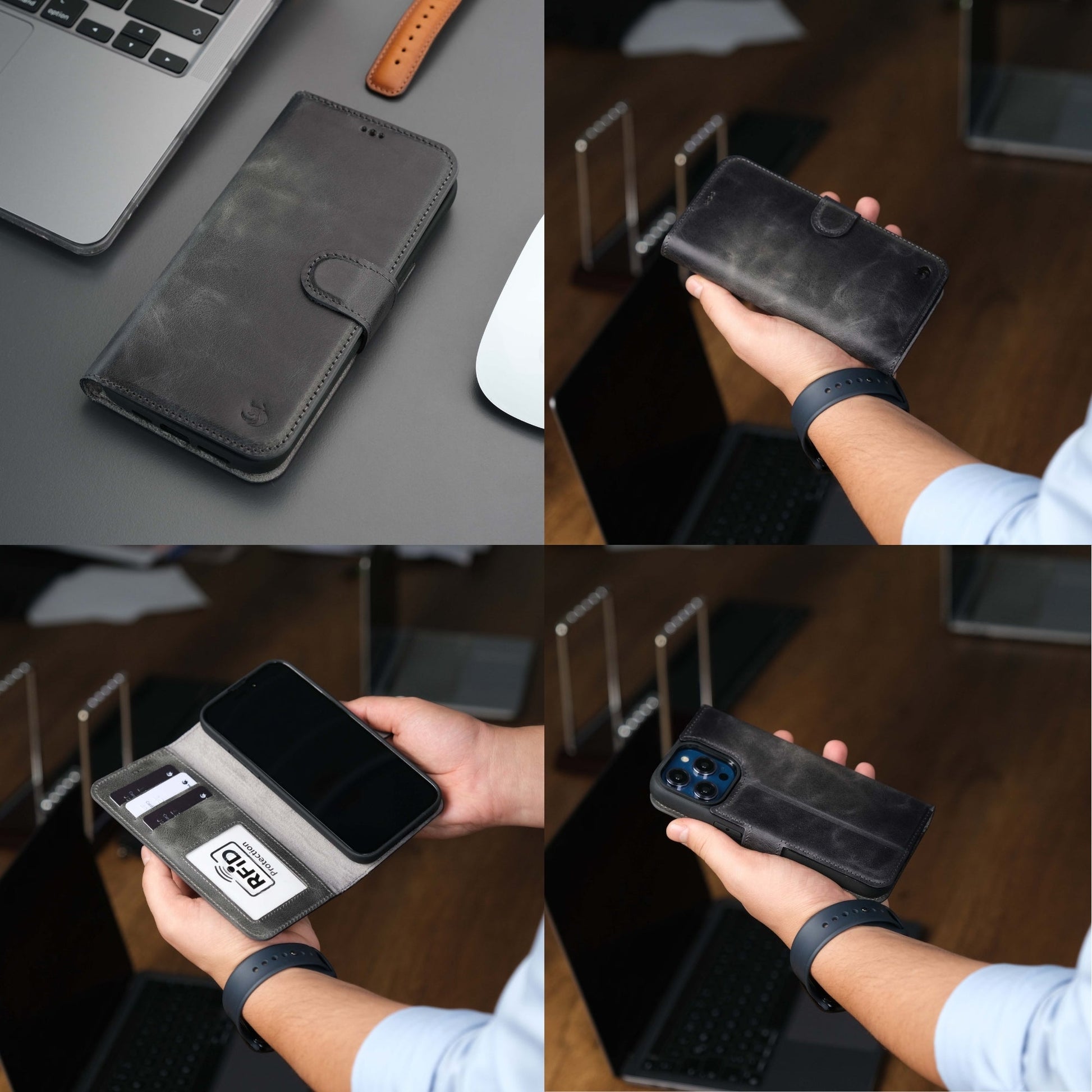 Coque portefeuille en cuir gris foncé, rabat avec fermeture et fente pour cartes