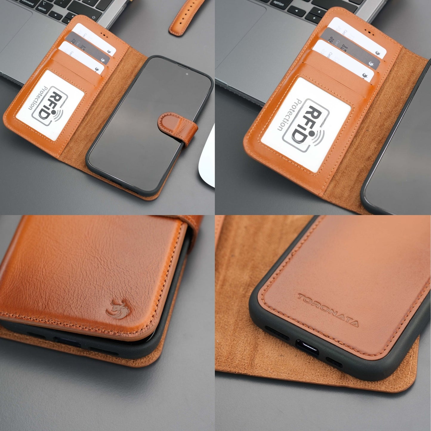 Coque portefeuille en cuir tan, gros plan sur couture, rabat et logo au dos