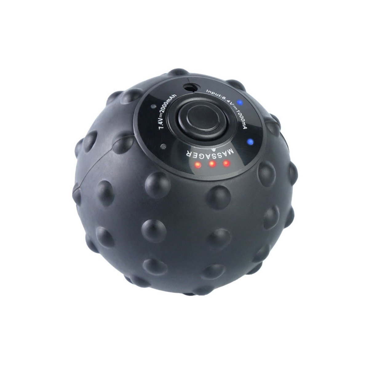 Boule de massage vibrante noire, panneau circulaire avec voyants lumineux.