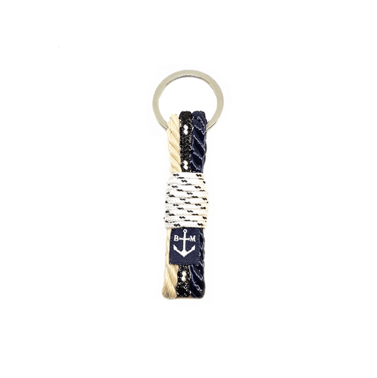 Porte-clés torsadé en corde nautique beige et bleu, anneau métal, motif ancre