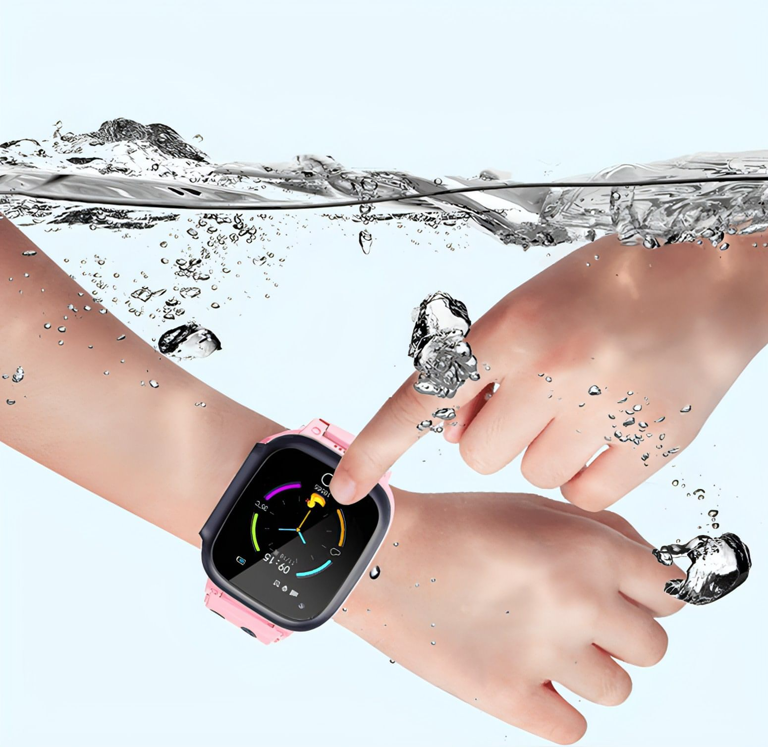 Montre connectée pour téléphone sur poignet, bracelet rose à écran noir