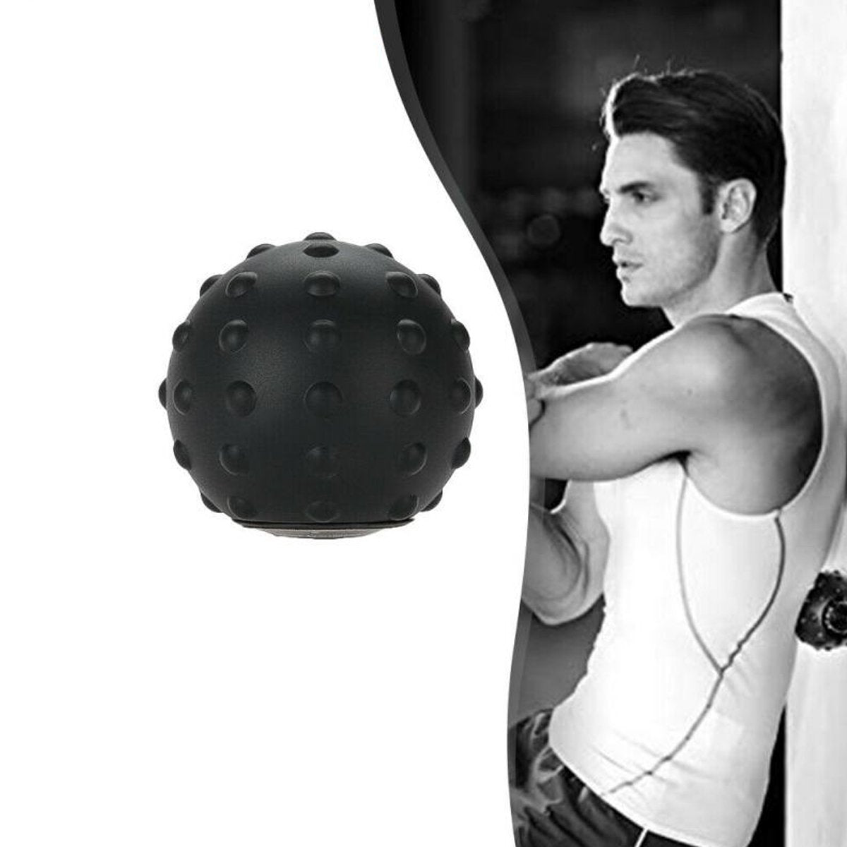Boule de massage vibrante noire à picots, avec base de commande circulaire.
