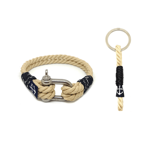 Bracelet nautique et porte-clés unisexes en corde tressée beige et bleu, avec ancre.