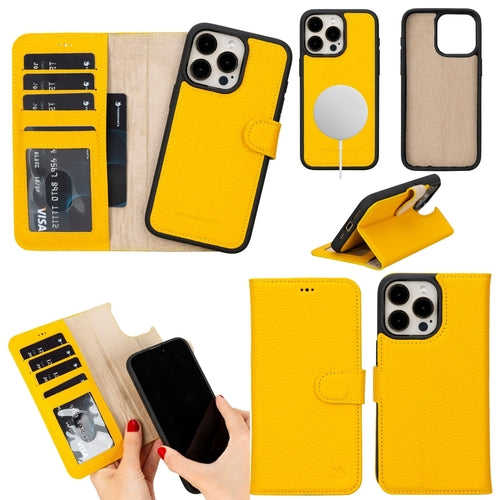 Coque portefeuille en cuir jaune pour iPhone 14 Pro Max, rabat et emplacements cartes RFID.