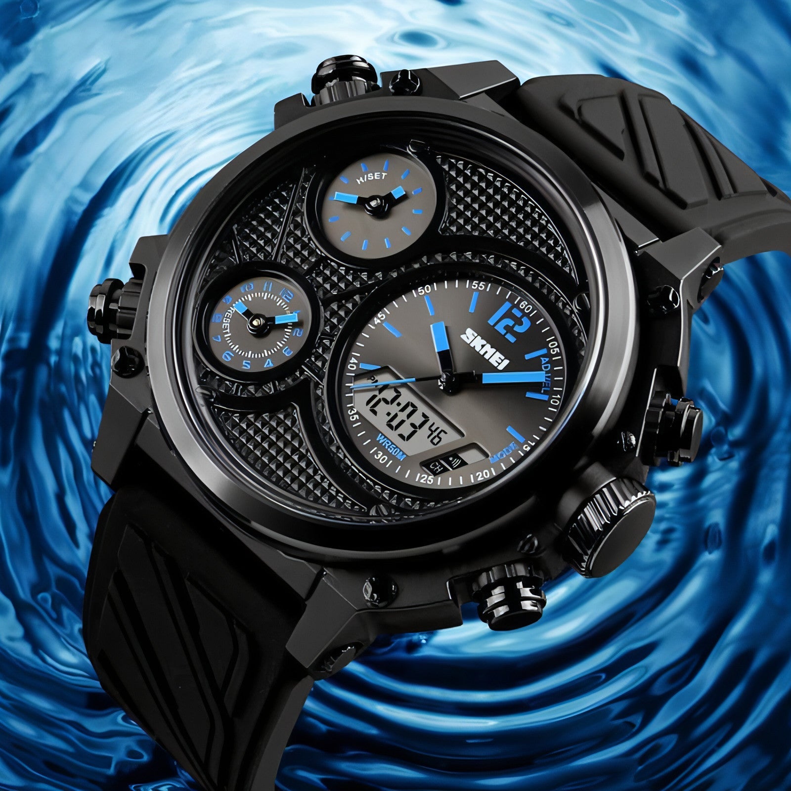 Montre de sport multifonction noire, cadran rond avec compteurs bleus et index lumineux.
