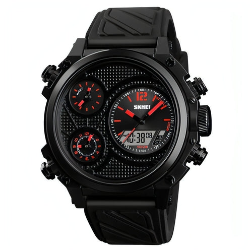 Montre sport noire avec cadran noir, sous-cadrans rouges et affichage numérique.