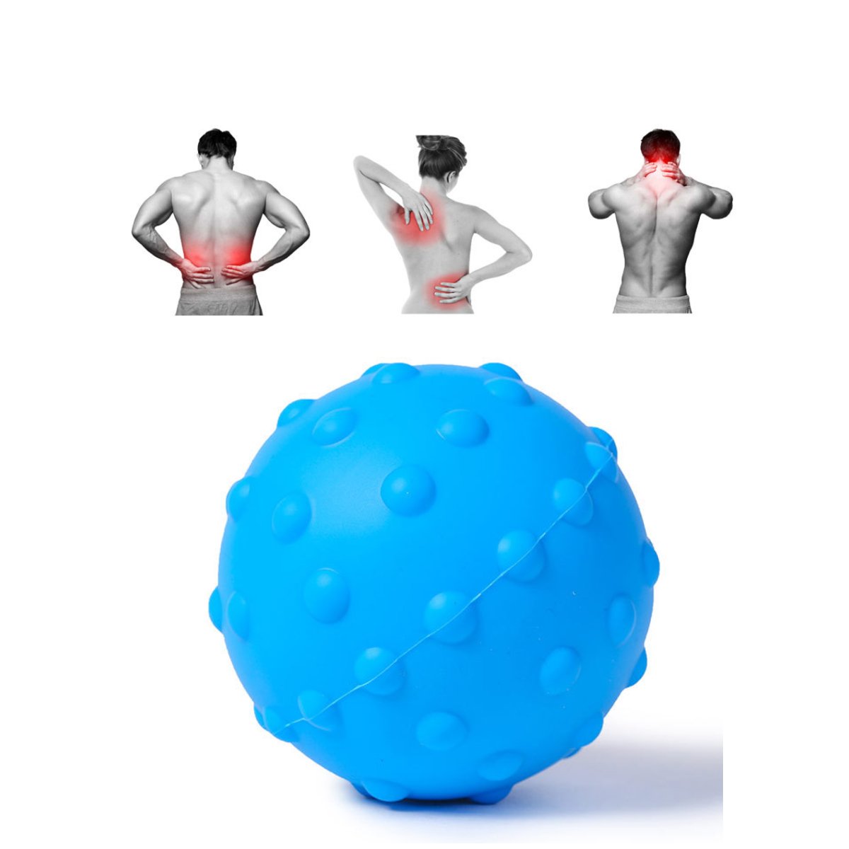 Boule de massage vibrante bleue à picots, forme ronde avec rainure au centre.