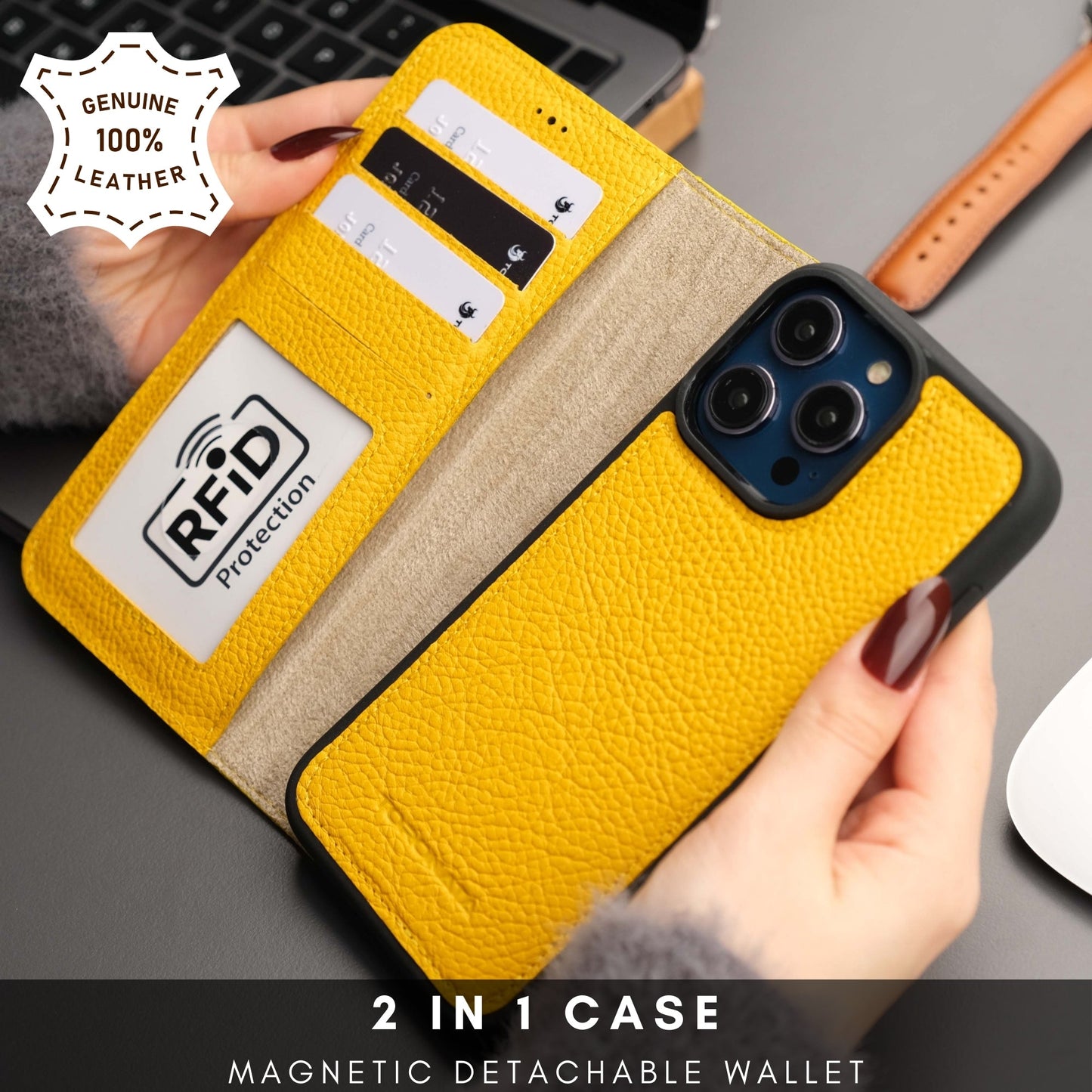 Coque portefeuille cuir jaune, rabat ouvert avec étiquette RFID