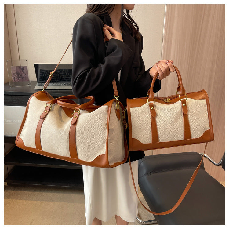 Sac cabas de voyage en toile bicolore avec poignées supérieures et longues lanières