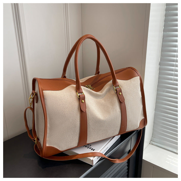 Sac cabas de voyage en toile bicolore sur pied, anses longues et bandoulière amovible