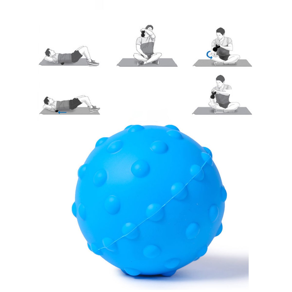 Boule de massage vibrante bleue à picots, présentée avec schéma des zones.