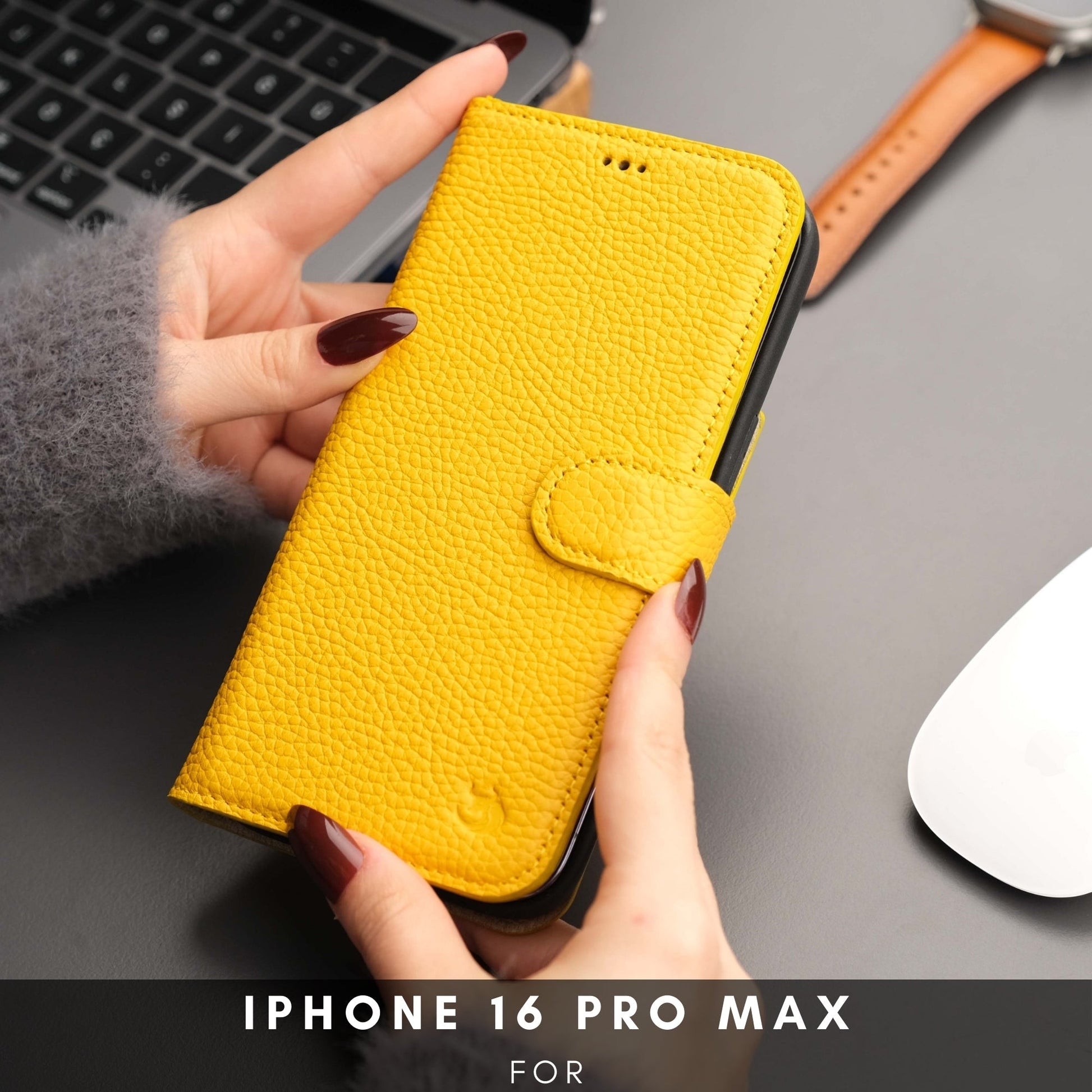Coque portefeuille en cuir jaune pour iPhone, rabat pliant et fermeture