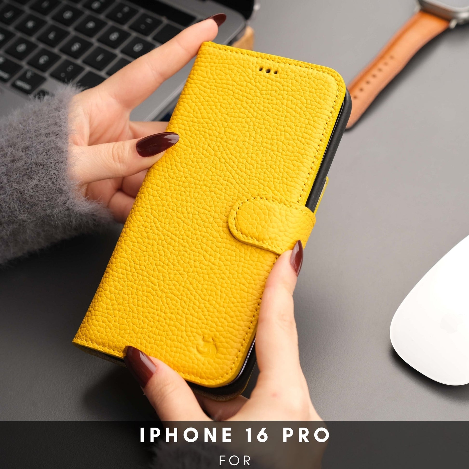 Coque portefeuille en cuir jaune avec rabat, attache et protection du téléphone