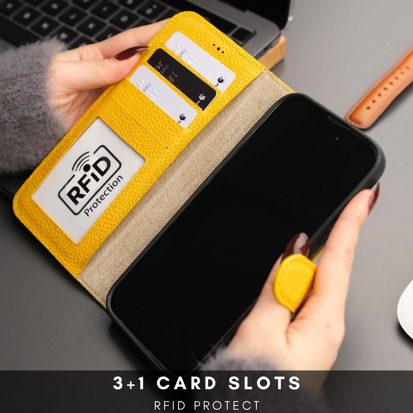 Coque portefeuille jaune en cuir, rabat cartes avec protection RFID et fenêtre pour cartes.