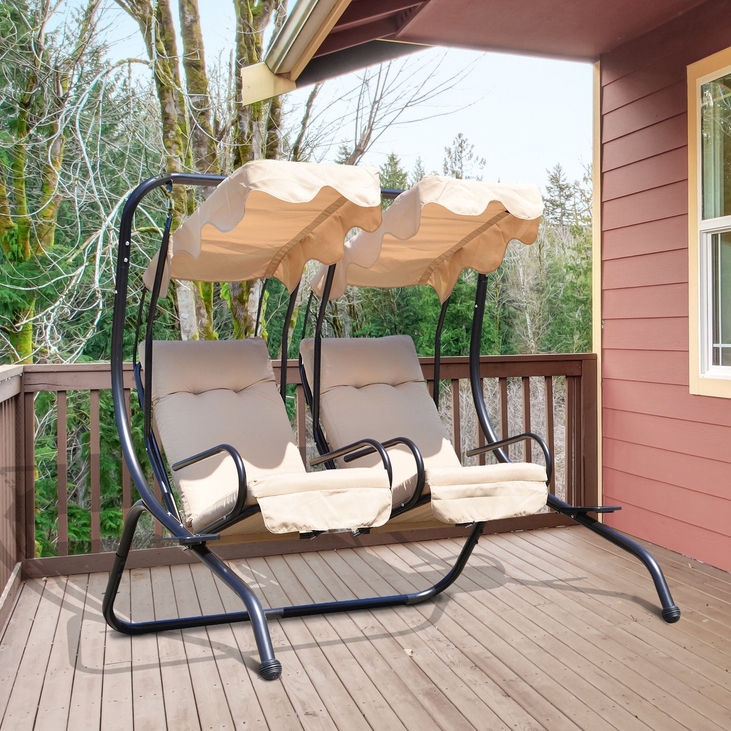 Balancelle métal 2 places avec auvent en tissu beige et coussins assortis