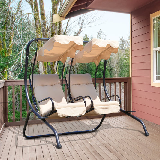 Balancelle métal 2 places avec auvent en tissu beige et coussins assortis