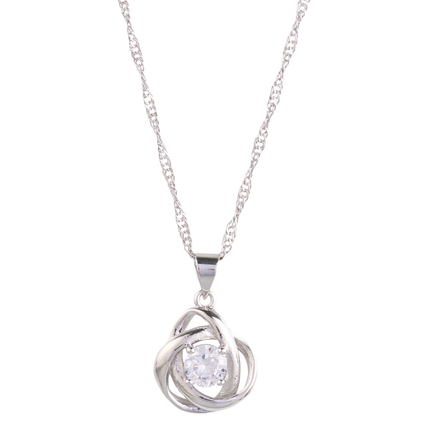 Collier argenté : pendentif nœud rond avec zirconium cubique et pierre claire