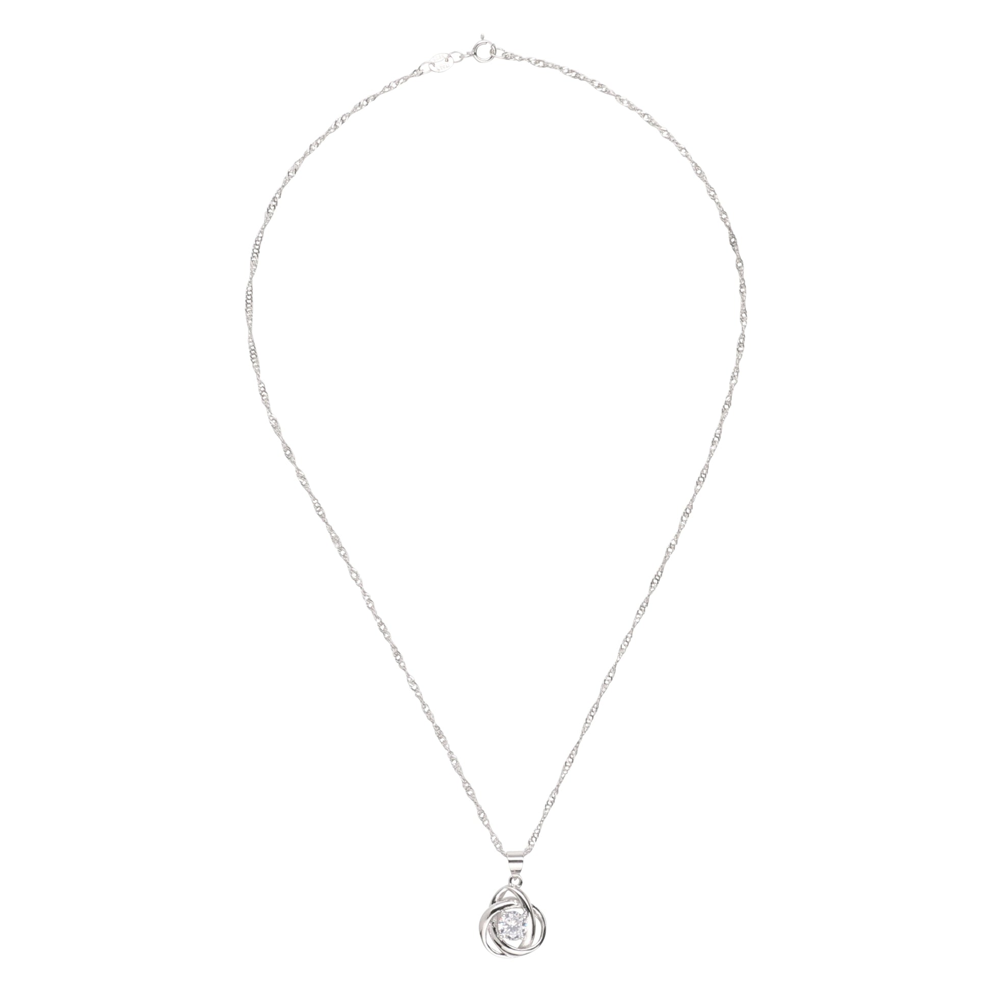 Collier pendentif nœud rond argenté avec pierre cubique, chaîne fine