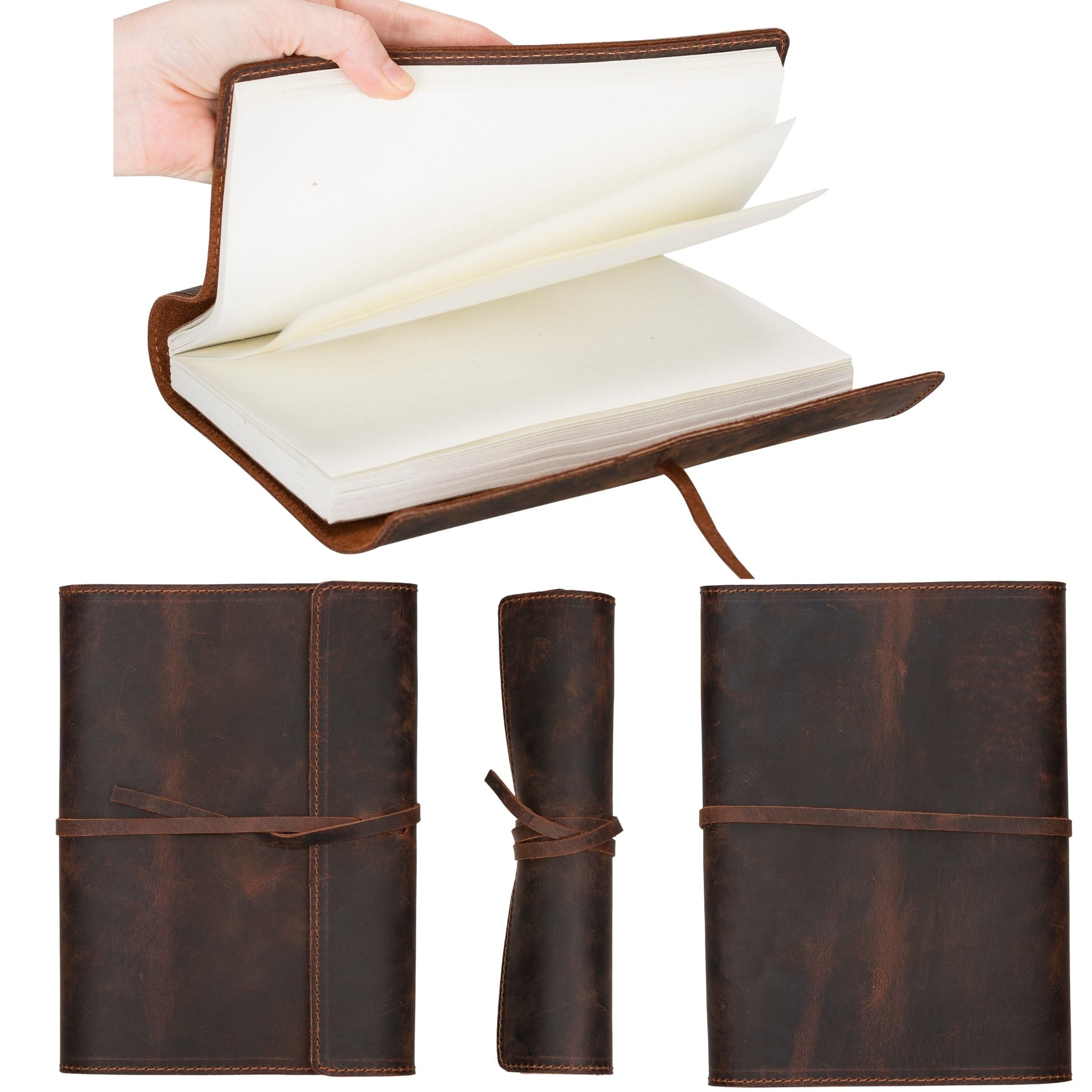 Protège-carnet en cuir marron avec sangle et intérieur clair