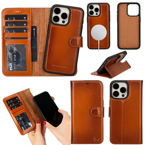 Coque portefeuille en cuir orange pour iPhone 14 Pro Max, rabat avec support MagSafe et RFID.