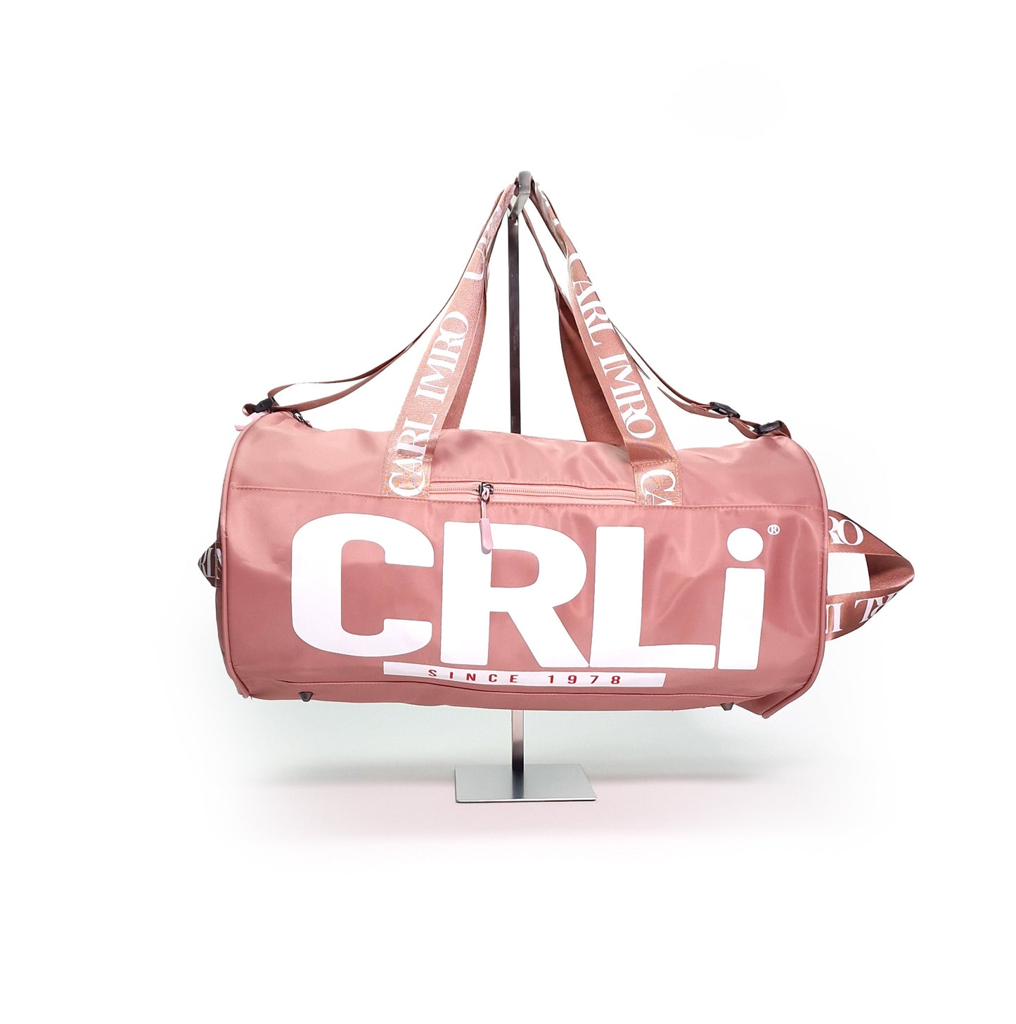 Sac de sport rose en nylon recyclé, logo CRLi imprimé, poignées et bandoulière
