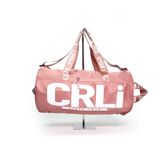 Sac de sport rose en nylon recyclé, logo CRLi imprimé, poignées et bandoulière