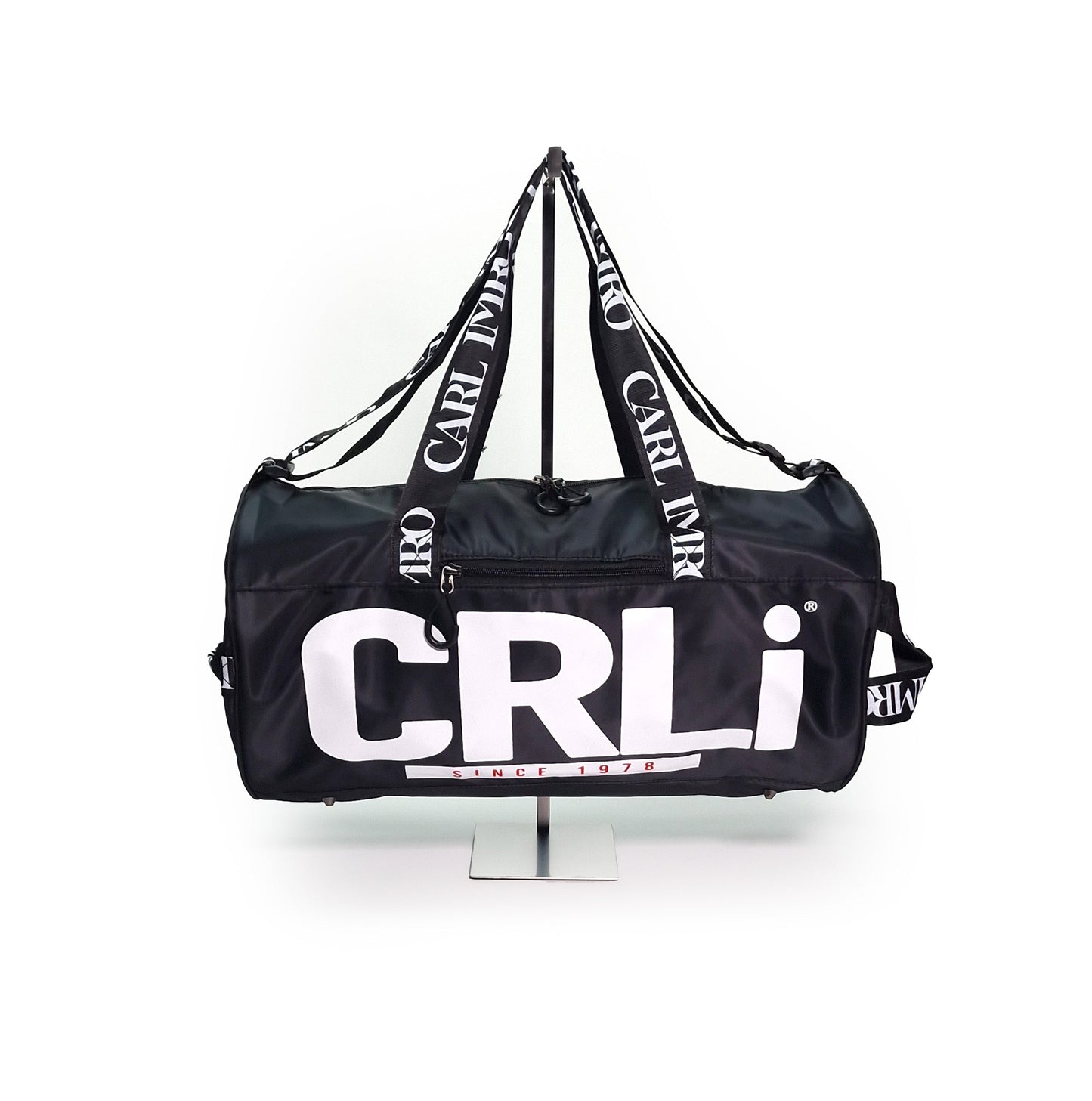 Sac de sport duffle noir CRLi, face avec grand logo blanc et bretelles ajustables