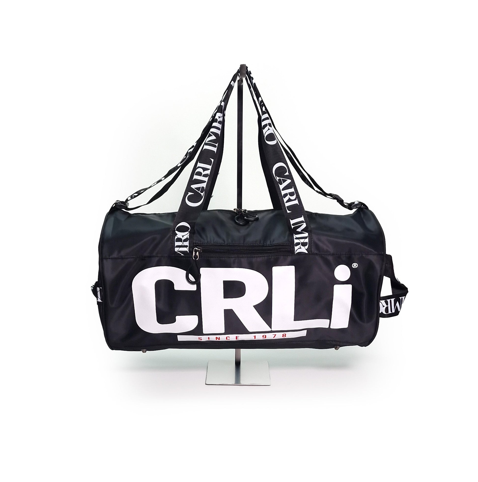 Sac de sport duffle noir CRLi, face avec grand logo blanc et bretelles ajustables