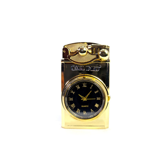 Montre briquet dorée à cadran noir, boîtier style briquet, vue de face