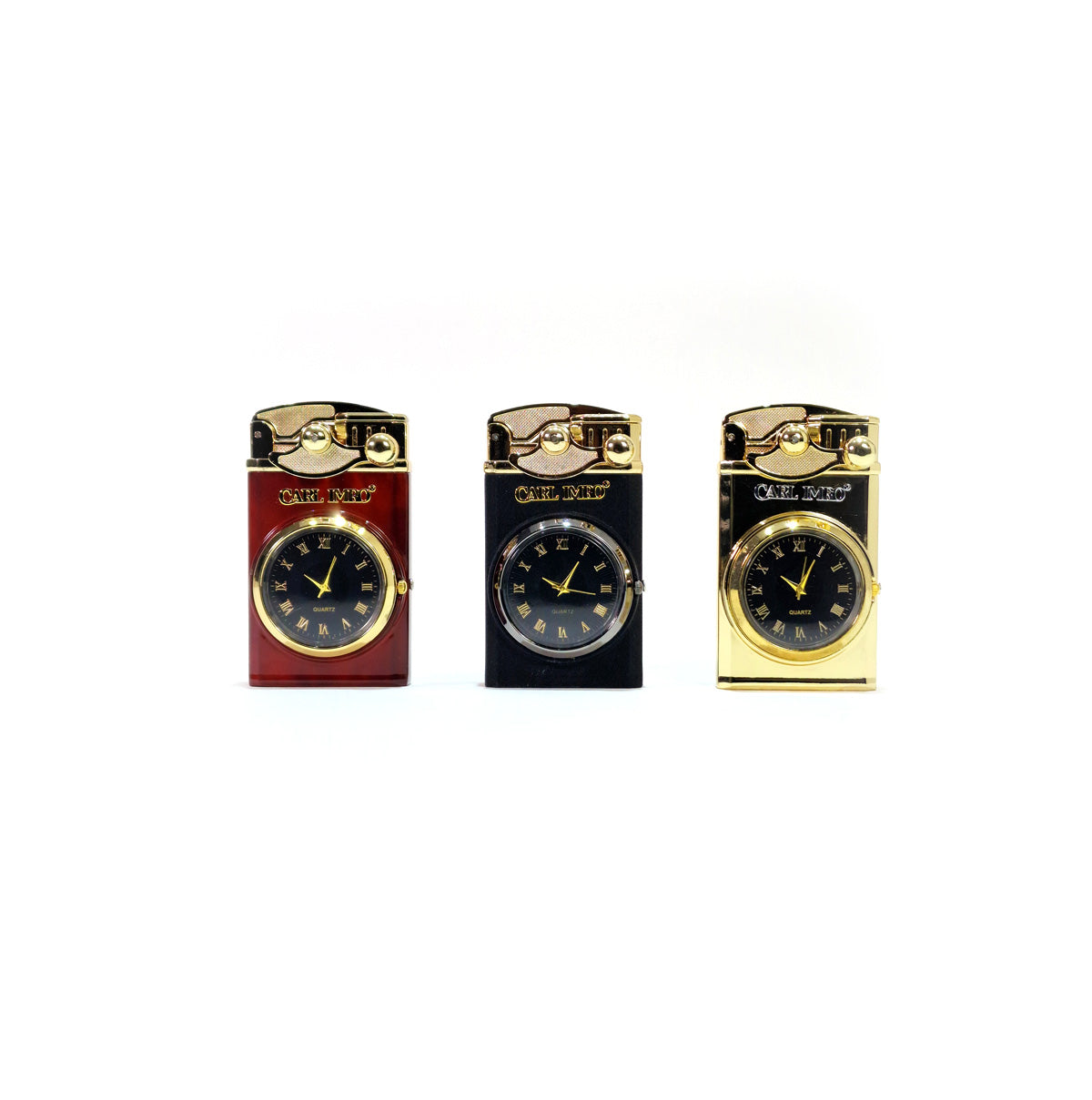 Trois montres briquets de face : rouge, noir et doré, cadrans sombres