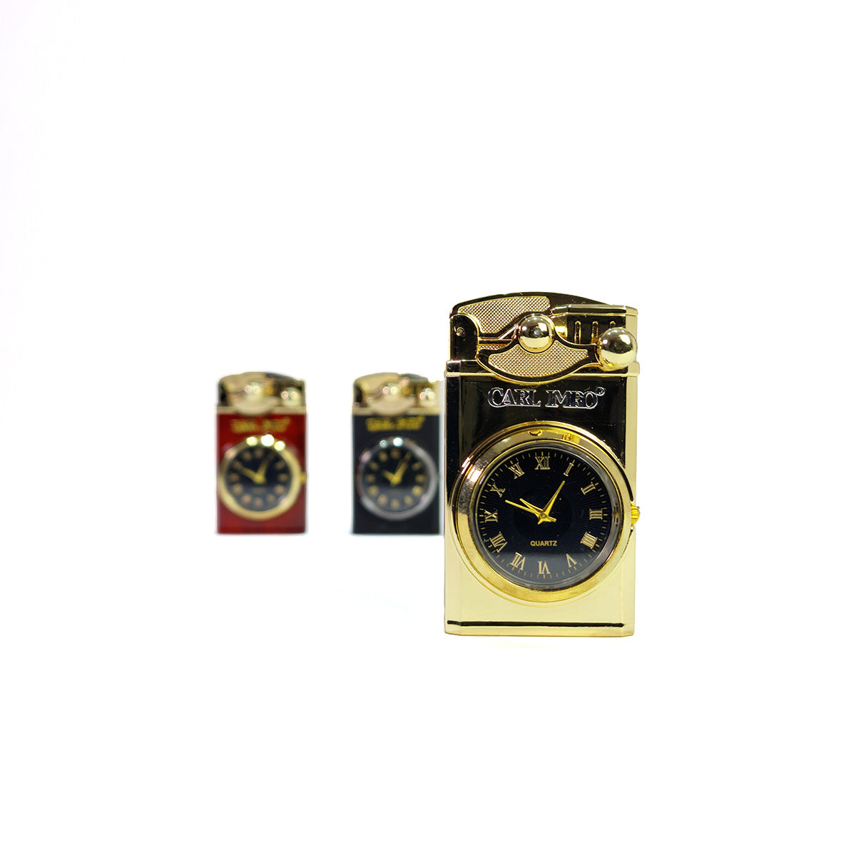 Montre briquet dorée à cadran noir, vue de face, deux autres modèles derrière
