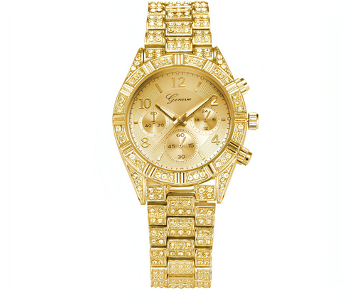 Montre femme or, cadran crème, chronographe à trois compteurs, bracelet rectangulaire.