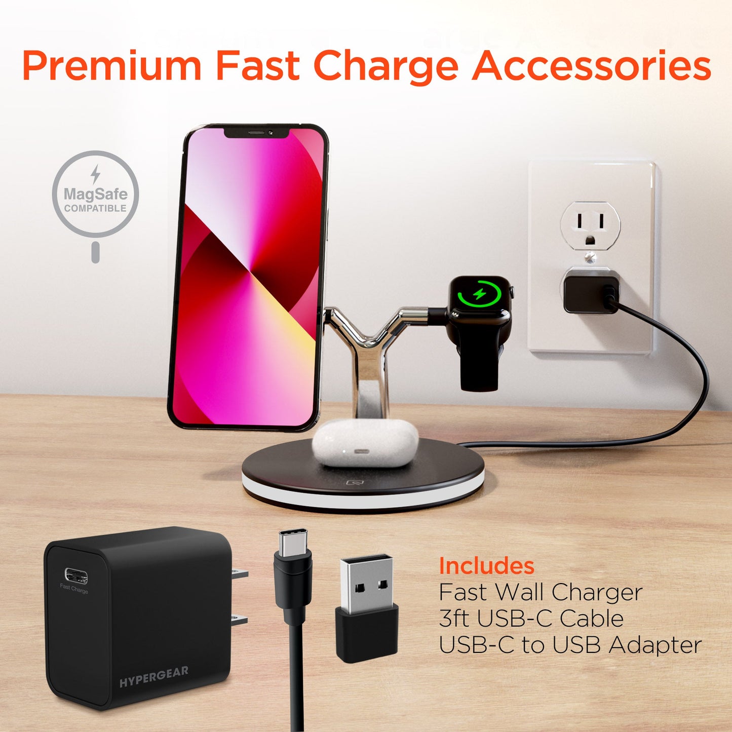 Station de charge 3-en-1 noire avec supports MagSafe, Apple Watch et AirPods