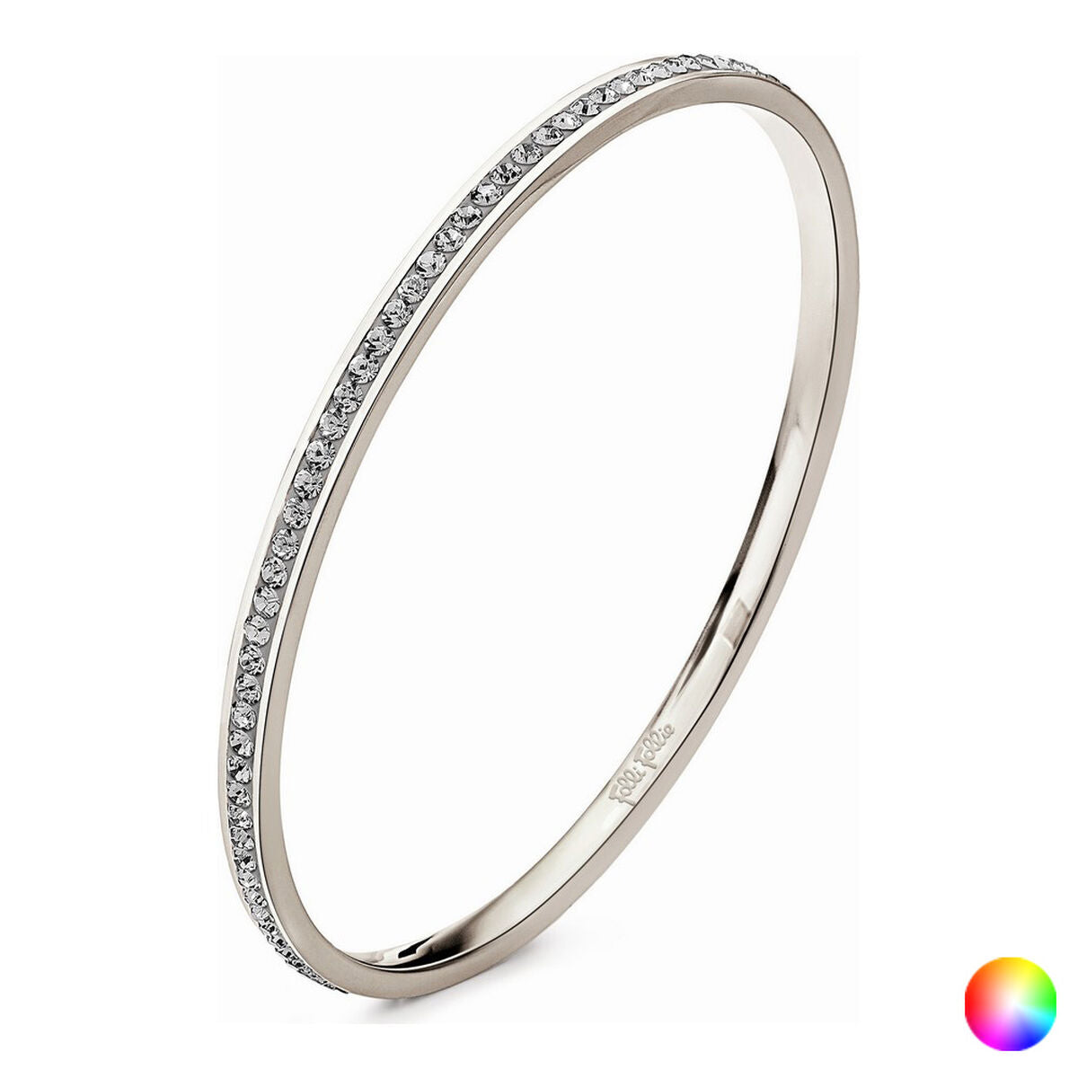Bracelet jonc acier argenté, pierres brillantes sur une bande latérale