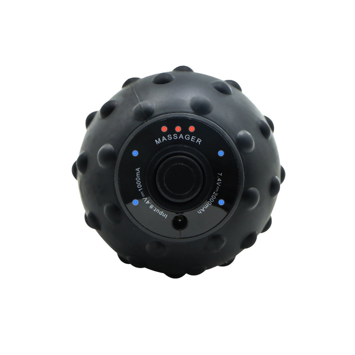 Boule de massage vibrante noire vue arrière, panneau de commande circulaire.