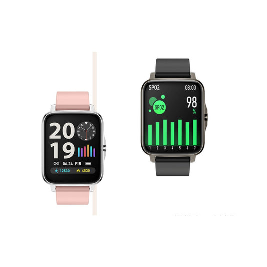 Montre connectée cadran carré avec bracelet gris foncé et affichage de statistiques sport.