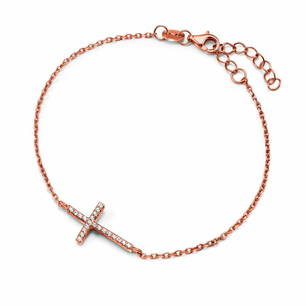 Bracelet fin à maillons et pendentif croix serti, ton rosé, fermoir mousqueton