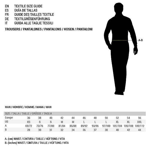 Guide des tailles pantalon : silhouette homme et tableau de mensurations